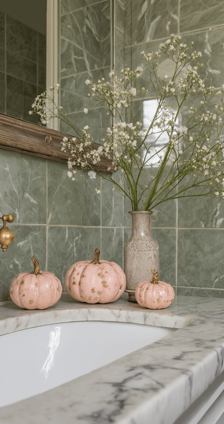 DIY Pompoenversiering: Transformeer Je Huis in een Herfst Paradijs Stijlvolle badkamer met marmeren wastafelblad, waarop drie poederroze en gouden pompoenen met parels en bloemmotieven zijn geplaatst, weerspiegeld in een antieke spiegel.