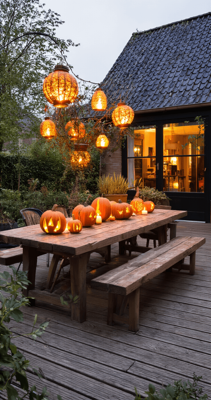 DIY Pompoenversiering voor Buiten: Creatieve Herfstmagie in je Tuin Een landelijke veranda bij avondschemering met een grote rustieke houten eettafel versierd met DIY-pompoendecoraties. Warme koperen lantaarns zorgen voor een gouden gloed, terwijl uitgeholde pompoenen met LED-kaarsen speelse lichtpatronen creëren. De camera is laag gepositioneerd en vangt de overgang tussen dag en nacht in dieporanje, warm koper en donkergroen.