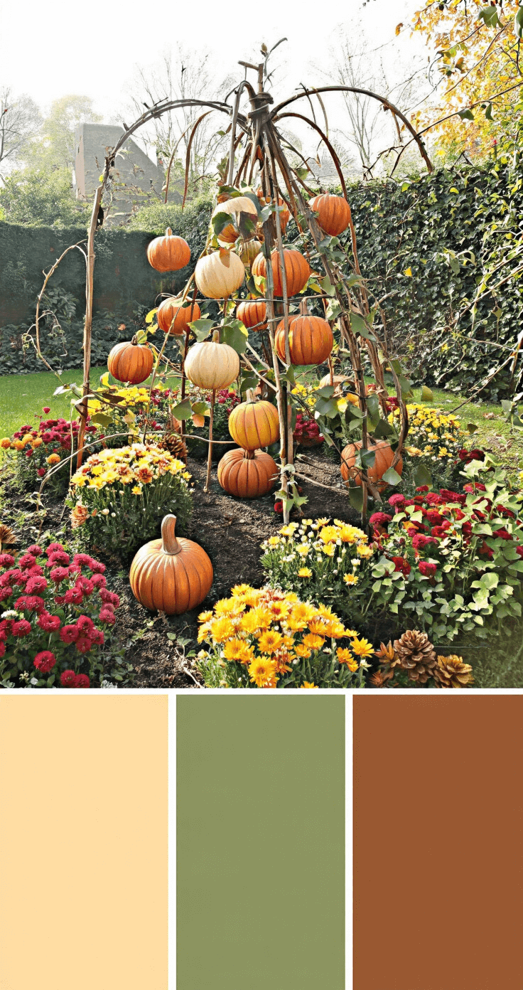 DIY Pompoenversiering voor Buiten: Creatieve Herfstmagie in je Tuin Intieme hoektuin met houten pompoeninstallatie in ochtendlicht, omringd door herfstbloemen en klimop, met glinsterende dauwdruppels op mosaccenten.