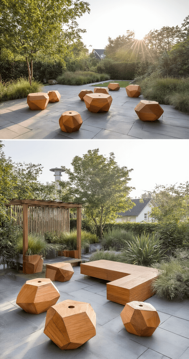 DIY Pompoenversiering voor Buiten: Creatieve Herfstmagie in je Tuin Moderne terrasopstelling met geometrische houten pompoenen en organische plantenbakken, vastgelegd vanuit een hoge hoek onder de middagzon, met strakke lijnen en een warm kleurenpalet van grijs, terracotta en olijfgroen.