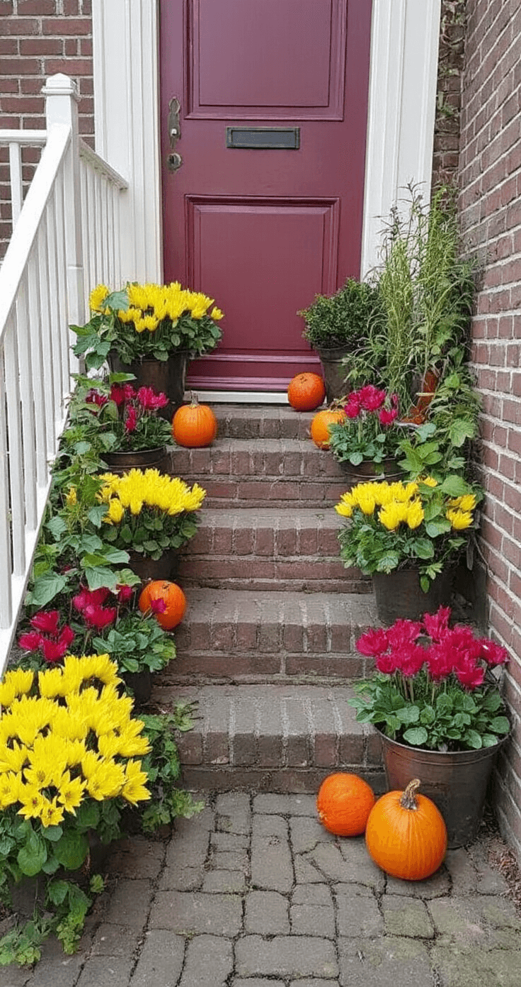 DIY Pompoenversiering voor Buiten: Creatieve Herfstmagie in je Tuin Knusse entreeporch met klassieke trap en DIY pompoen-plantenbakken gevuld met cyclamen en siergras. Vintage lantaarns creëren sfeervolle accenten. In diep pompoensoranje, bordeauxrood en mosgroen, met natuurstenen en gepatineerd koperen materialen.