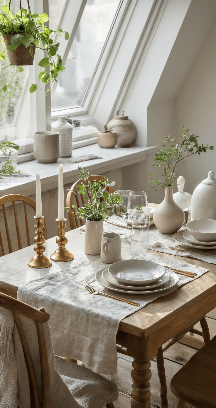 Elegant gedekte eettafel in een open keuken-eetruimte, gefotografeerd vanuit vogelperspectief. Witte tafelrunner op donker eikenhout met gouden kaarsenhouders en neutrale serviesset, belicht door natuurlijk daglicht. Warme, uitnodigende sfeer met een Pinterest-waardige esthetiek.