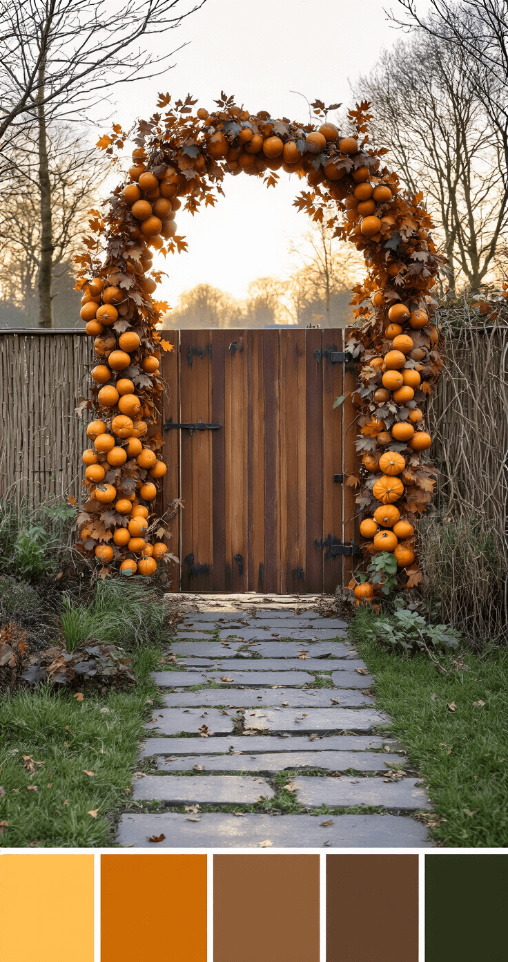 DIY Pompoenversiering voor Buiten: Creatieve Herfstmagie in je Tuin Rustieke tuinpoort met handgemaakte pompoenguirlande van natuurlijke materialen bij zonsopgang, versierd met herfstbladeren en LED-lichtsnoer, gefotografeerd vanuit een zijhoek met amber, brons en dennegroen kleurenpalet.
