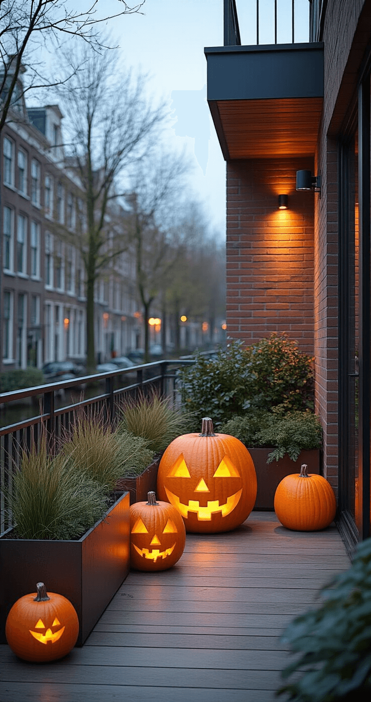 DIY Pompoenversiering voor Buiten: Creatieve Herfstmagie in je Tuin Minimalistische balkontuin tijdens blauwe uurtje met houten pompoenen en cortenstalen plantenbakken, omringd door siergrassen en LED-verlichting.