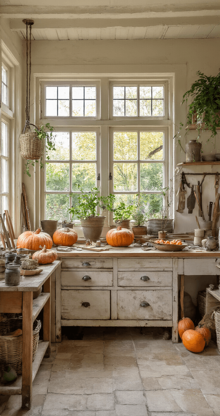 DIY Pompoenversiering voor Buiten: Creatieve Herfstmagie in je Tuin Landelijke tuinkamer met authentieke werkbank en DIY pompoendecoratie-atelier, verlicht door middaglicht dat door glas-in-loodramen valt. Handgemaakte pompoenen en kunstzinnig uitgestald gereedschap zijn te zien in een kleurenpalet van honingkleur, verweerd groen en crèmewit, met materialen van ruw hout, glas en vintage metaal.