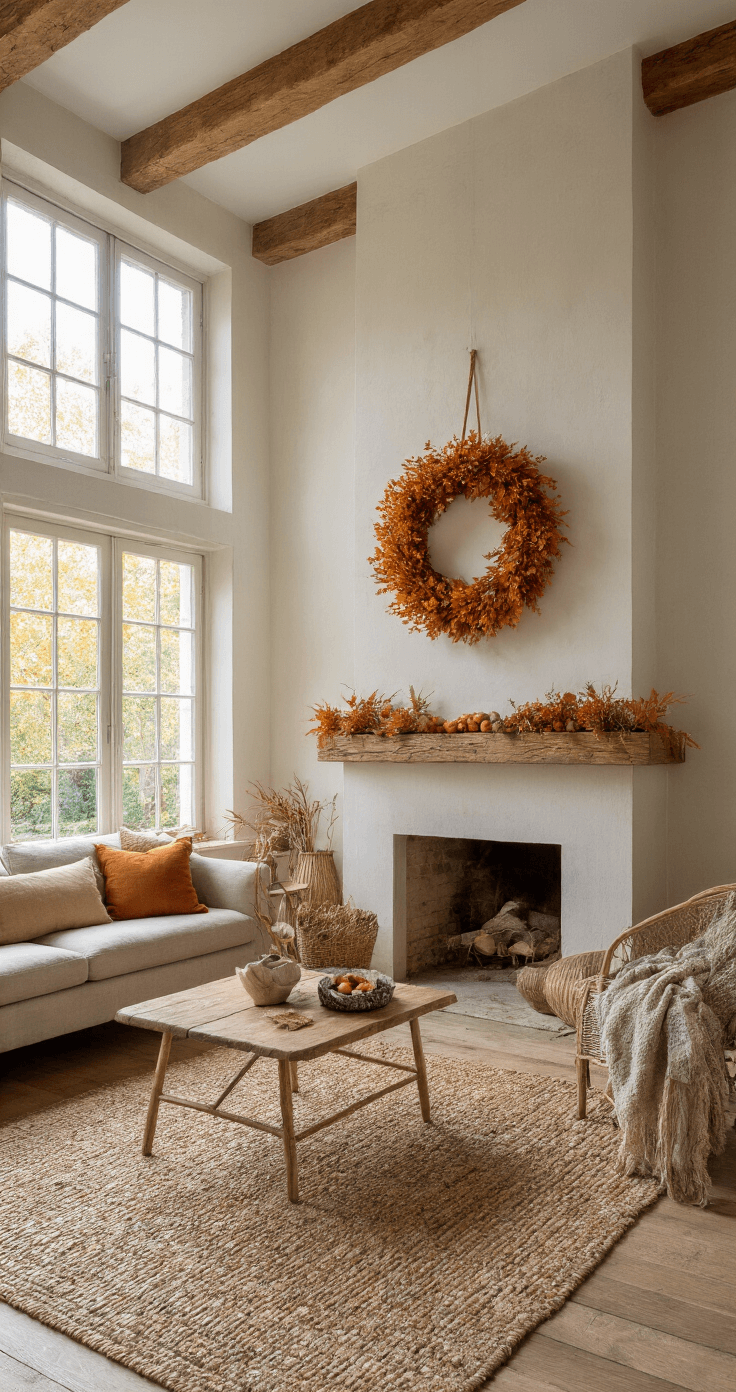Hoe maak je een prachtige herfstkrans: Een stap-voor-stap handleiding Rustieke woonkamer met hoge plafonds en houten balken, middaglicht door erkerramen, handgemaakte herfstkrans boven robuuste schouw, versierd met eikels, kastanjes en gedroogde hortensia's, vintage cognackleurige leren meubels.