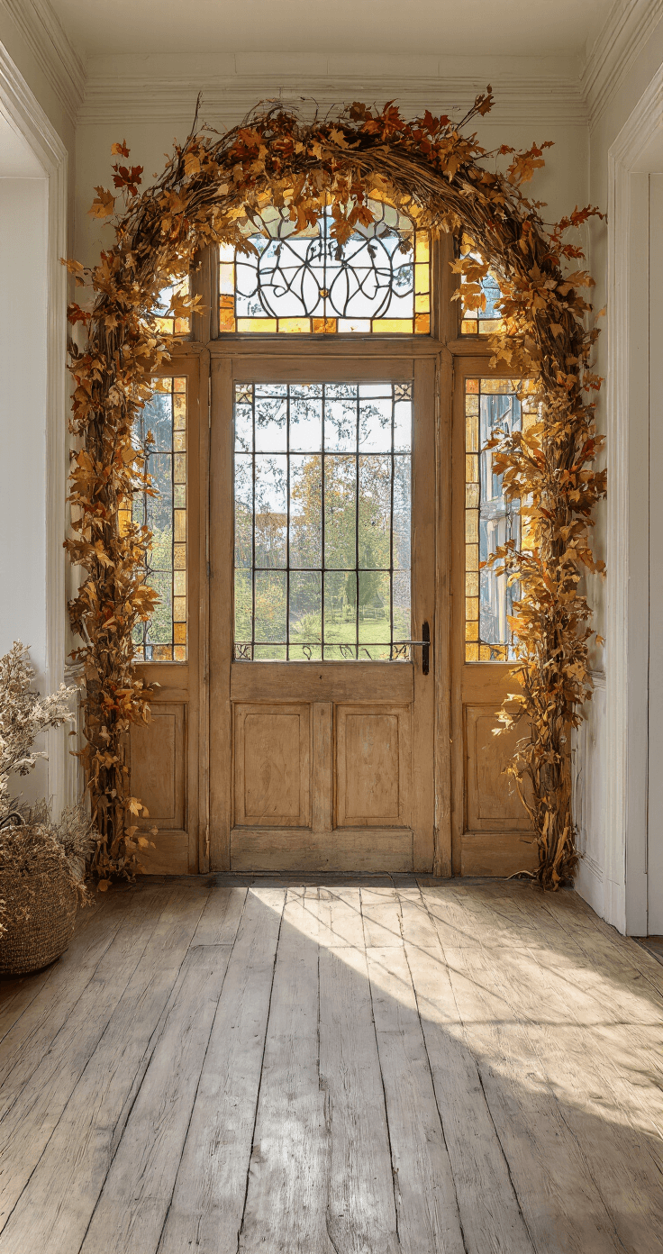 Hoe maak je een prachtige herfstkrans: Een stap-voor-stap handleiding Authentieke entreehal met grote herfstkrans aan paneeldeur, verweerde houten vloer en vintage kapstok, gefotografeerd tijdens het gouden uur met tegenlicht.