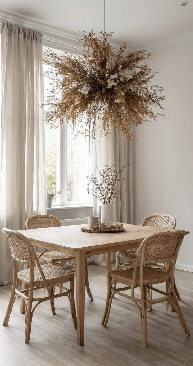 Hoe maak je een prachtige herfstkrans: Een stap-voor-stap handleiding Scandinavische eetkamer met een licht eiken eettafel, zwevende herfstkrans van gedroogde grassen en witte hortensia's, linnen gordijnen en rotan stoelen, gefotografeerd vanuit de eettafel met soft focus op de kranstexturen.