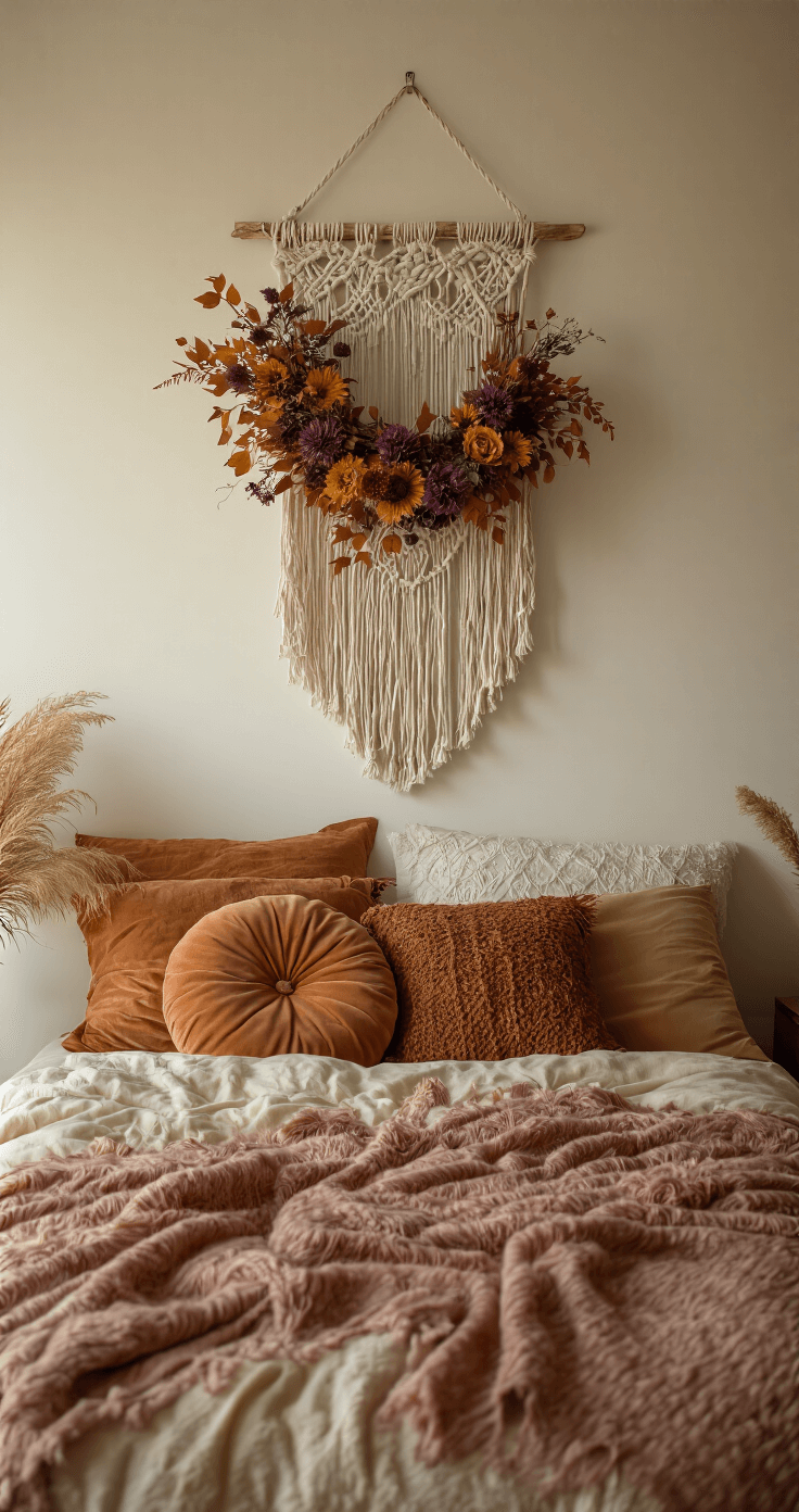 Hoe maak je een prachtige herfstkrans: Een stap-voor-stap handleiding Bohemian slaapkamer in warm avondlicht met een macramé wandhanger en asymmetrische herfstkrans; paarse distels en pampagras met verkleurde bladeren. Fluwelen kussens in aardetinten, vastgelegd vanuit een laag perspectief met spotlight op kransdetails.