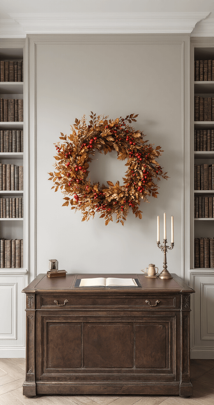 Hoe maak je een prachtige herfstkrans: Een stap-voor-stap handleiding Een klassieke studeerkamer met ingebouwde boekenkasten, een herfstkrans met rode bessen en vergulde bladeren, een donker houten bureau met leren details, in een gedempte namiddagsfeer en een dramatische schaduwwerking.