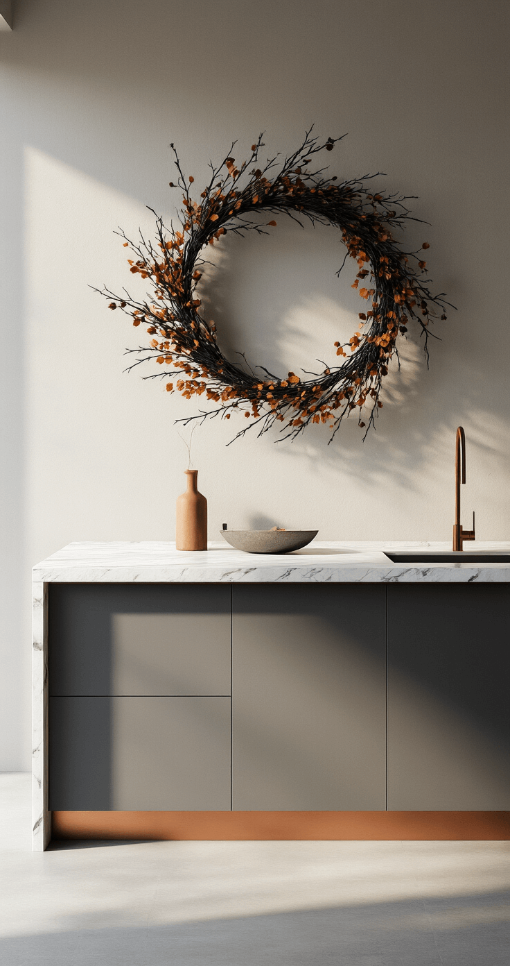 Hoe maak je een prachtige herfstkrans: Een stap-voor-stap handleiding Minimalistische keuken met betonnen muur, een grafische herfstkrans van zwarte takken en gedroogde zaaddozen, marmeren werkblad en koperen accenten, gevangen in helder ochtendlicht vanuit vogelperspectief.
