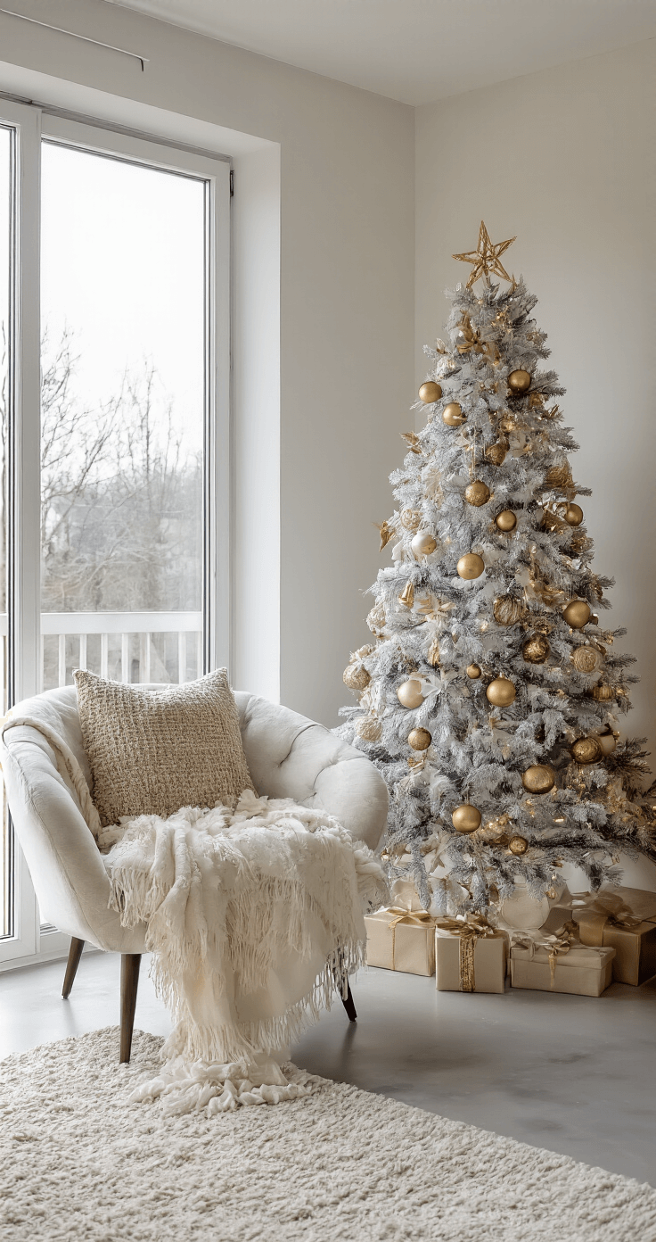 Moderne woonkamer met DIY kerstdecoratie in wit-gouden kleuren, slanke witte kerstboom naast crème velours fauteuil, verlichte ruimte met natuurlijk licht, betonvloer en warme texturen.