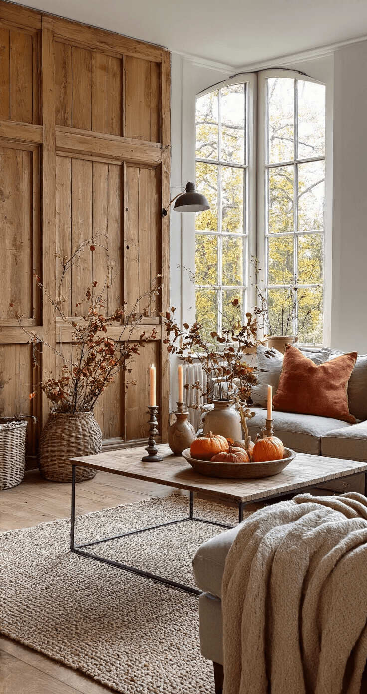 Gezellige woonkamer met DIY herfsthoek, grote ramen met warm licht, houten wandkast met handgemaakte herfstkaarsen, eiken salontafel met vintage dienblad, pompoenen en kaarsen; warme herfsttinten en natuurlijke texturen.