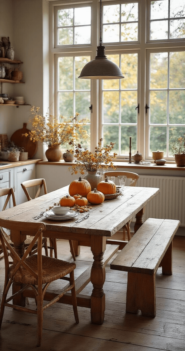 Bovenaanzicht van een rustieke eettafel in een landelijke keuken, met handgemaakte kaarsenarrangementen, herfstbladeren en kleine pompoenen in warme tinten van bruin, goud en diep oranje.