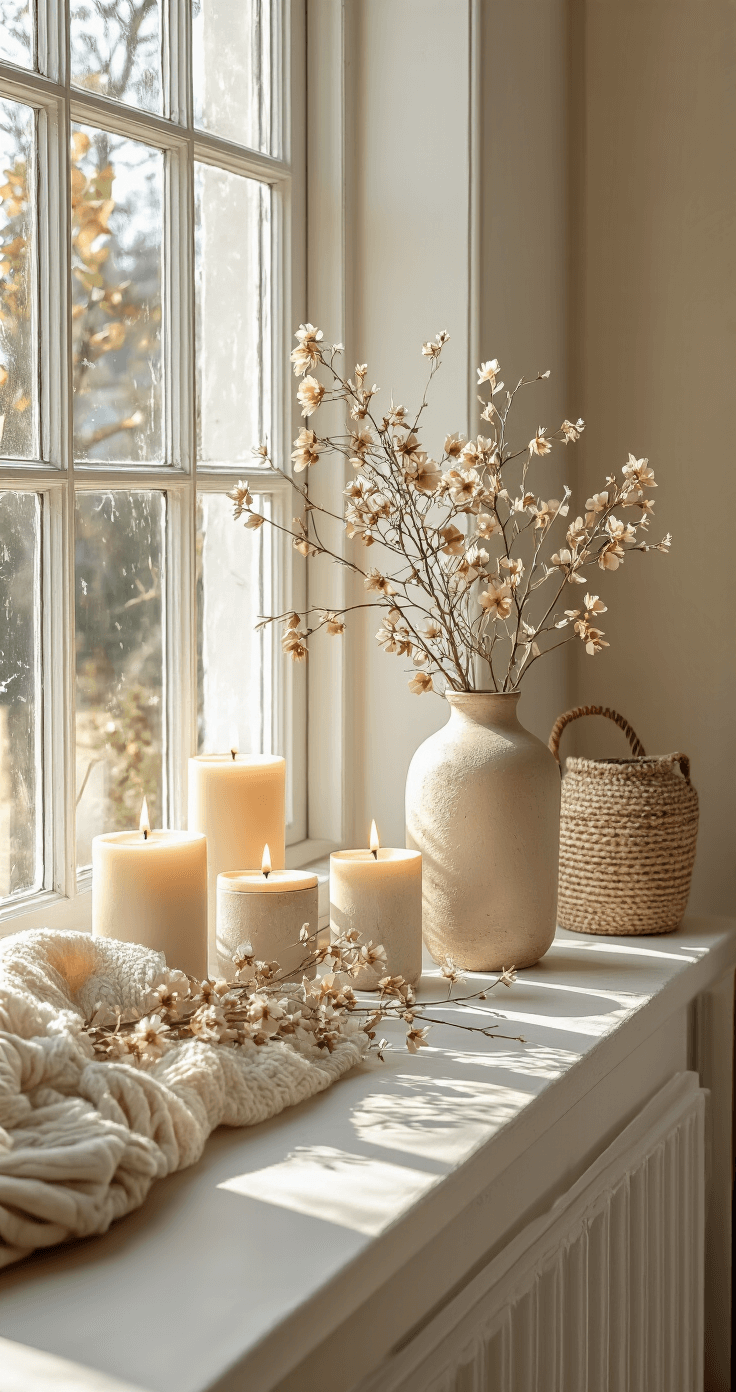 Close-up van een diepe vensterbank met authentieke kozijnen, versierd met een arrangement van kaarsen en vaasjes met gedroogde bloemen in zachte natuurlijke tinten, verlicht door de late namiddagzon.