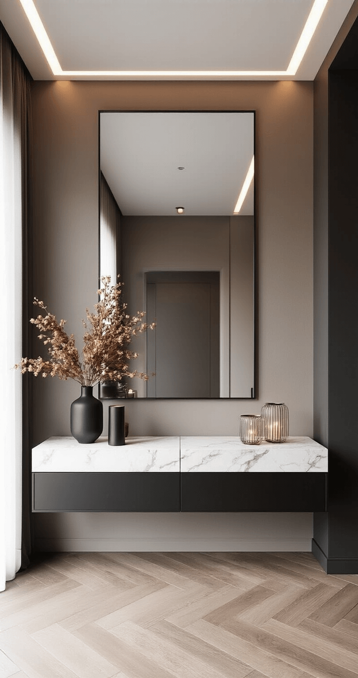 Minimalistische hal met hoge plafonds, zwarte stalen console met wit marmeren blad en cilinderkaarsen, grote wandspiegel, indirect LED-licht en een kleurenmix van zwart, wit, warmgoud en terracotta.