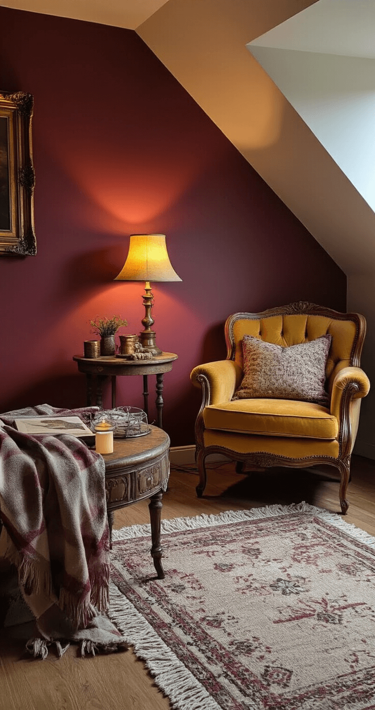 Knusse slaapkamerhoek met vintage fauteuil en schemerlamp, intieme sfeer met koperen bijzettafel en handgemaakte ombre-kaarsen, zachte plaid, kleuren diep burgundy, mosterdgeel en warm grijs.