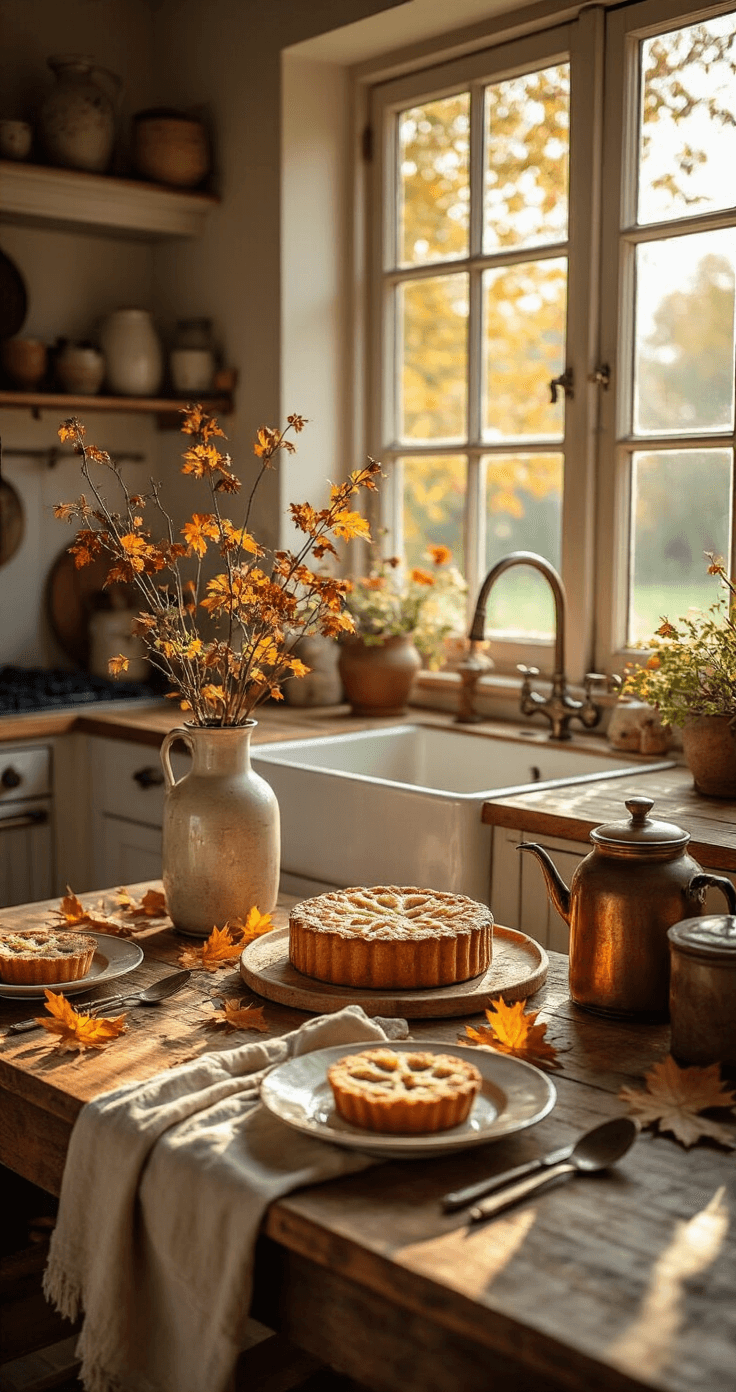 Gezellige landelijke keuken in warm ochtendlicht met een rustieke houten keukentafel, vers aangeklede herfsttaartjes, vintage servies met goudaccenten, en een koperen ketel naast oude kookboeken.