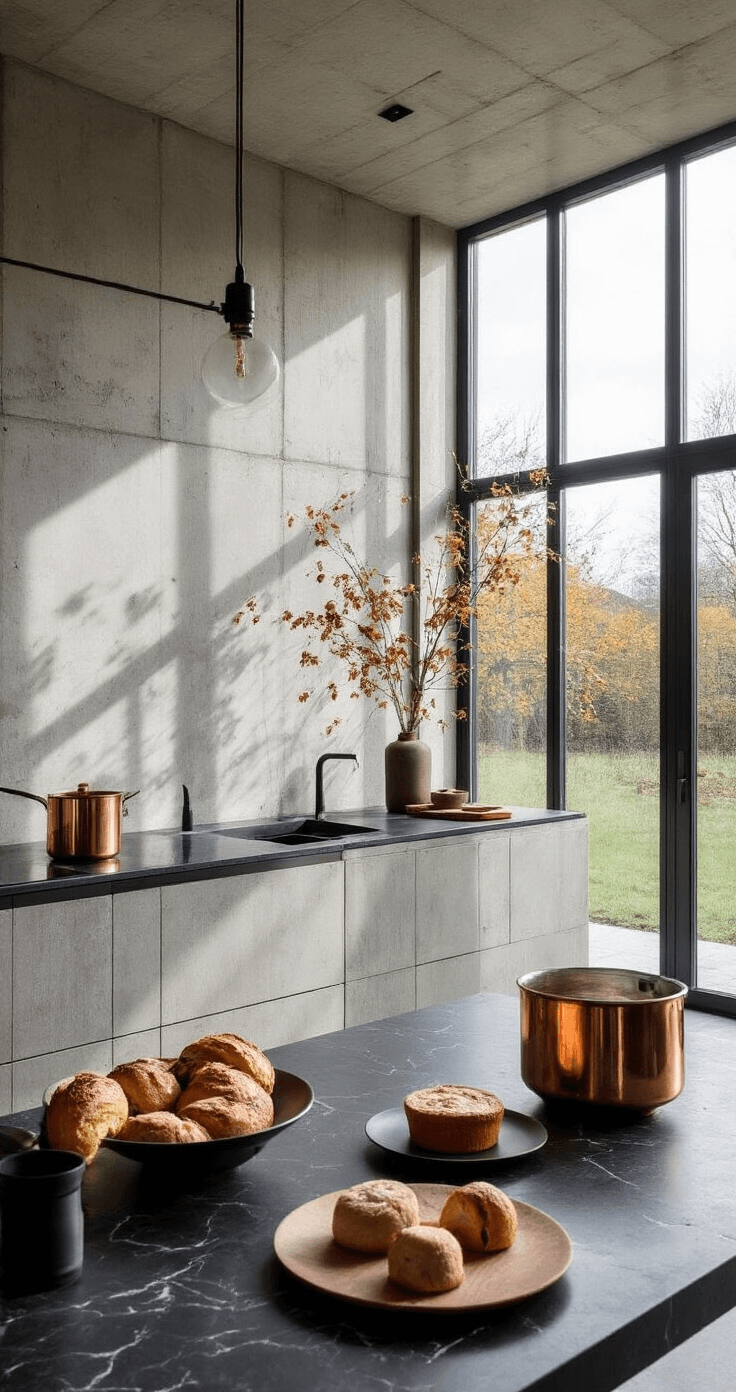 Moderne industriële keuken met hoge plafonds en betonnen muren, verlicht door laat middaglicht. Zwart marmeren werkeiland met minimalistische herfsttaartjes op matzwarte keramische borden. Contrasterende texturen van ruw beton, glad marmer en zacht gebak, aangevuld met koperen bakgerei voor warme accenten. Bovenaanzicht met lichte hoek voor diepte.