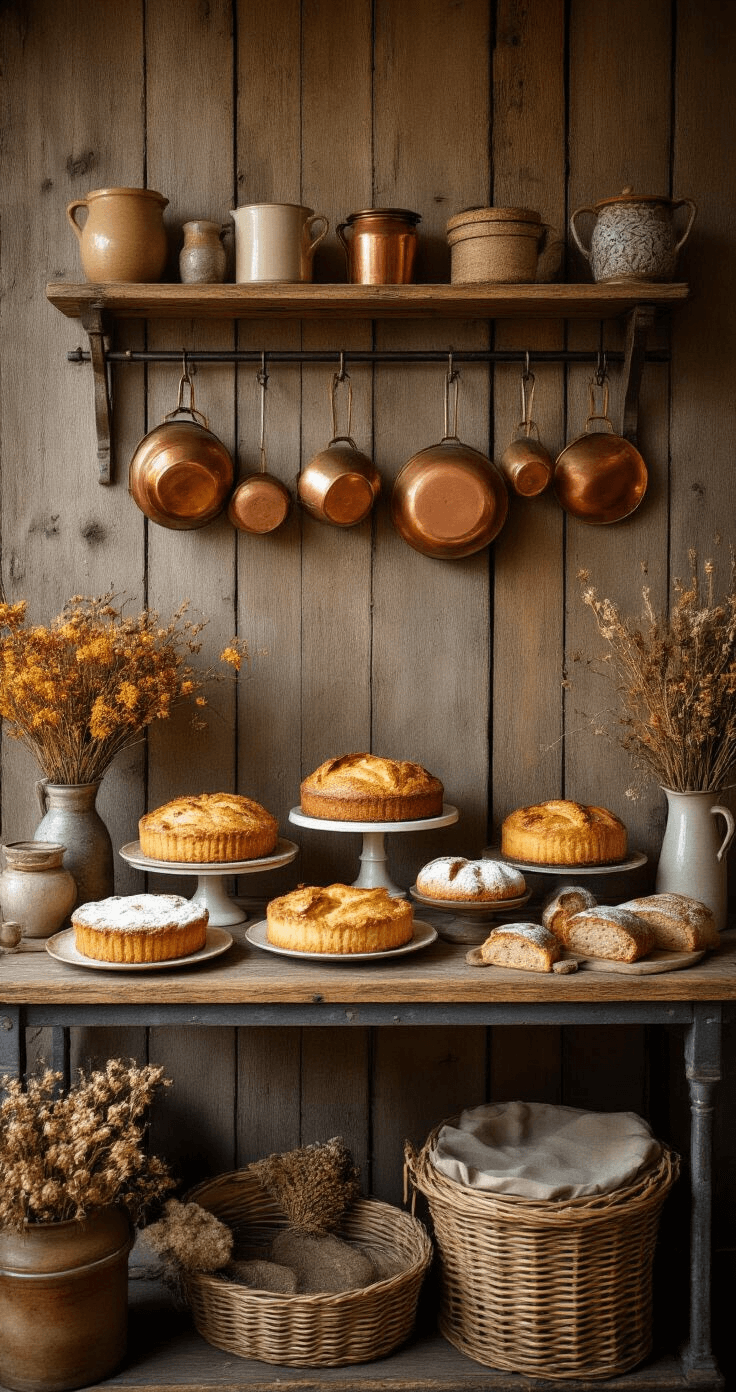 Een vintage bakkerij met warme avondverlichting, oude houten planken aan de muur met authentieke bakvormen, herfsttaartjes op een verweerd rek omringd door gedroogde kruiden, en koperen keukengerei aan haken.