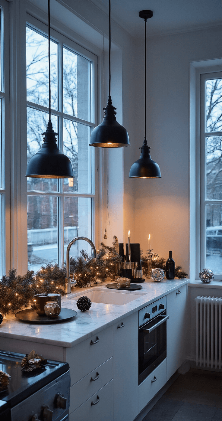 Stijlvolle keukeneiland met zwart-zilveren kerstthema, gefotografeerd tijdens de blue hour; matte zwarte kandelaars op wit marmer, zilveren geometrische ornamenten, industriële pendantlampen en roestvrij stalen apparaten in een moderne, modieuze setting.