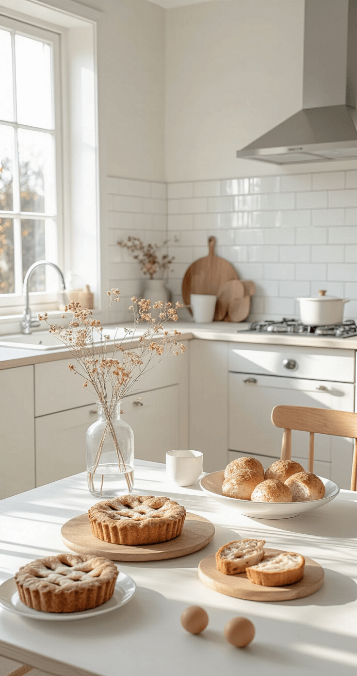 Lichte Scandinavische keuken met whitewashed houten vloeren, witte metro tegels en een minimalistisch wit aanrecht waarop herfsttaartjes op houten plateaus zijn gepresenteerd, omringd door kleine vaasjes met droogbloemen.
