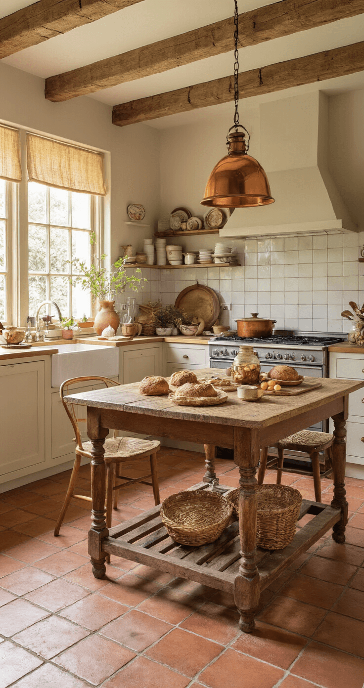 Een sfeervolle cottage keuken met een balkenplafond en terracotta tegelvloer, verlicht door middaglicht dat door kanten gordijnen filtert. Op een oude eikenhouten tafel staan herfsttaartjes tussen vintage keramiek en verse ingrediënten, terwijl koperen pannen aan het plafond glinsteren. De nadruk ligt op de warme, rustieke atmosfeer en ambachtelijke details.