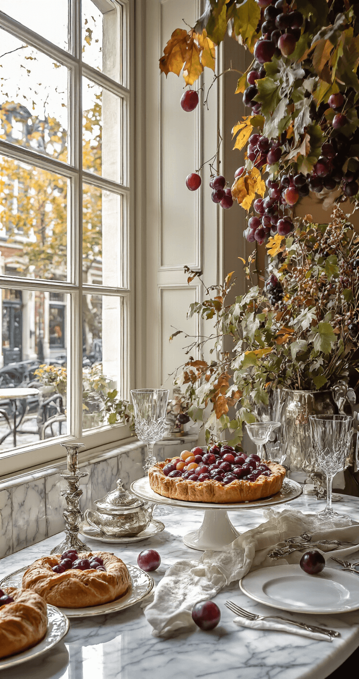 Elegant Franse bistro setting met marmeren werkblad en klassieke wandtegels, zacht namiddaglicht door hoge ramen, herfsttaartjes op zilveren etagères omringd door verse vijgen en druiven, kristallen glazen en antiek zilverwerk, laag standpunt met dramatisch perspectief.