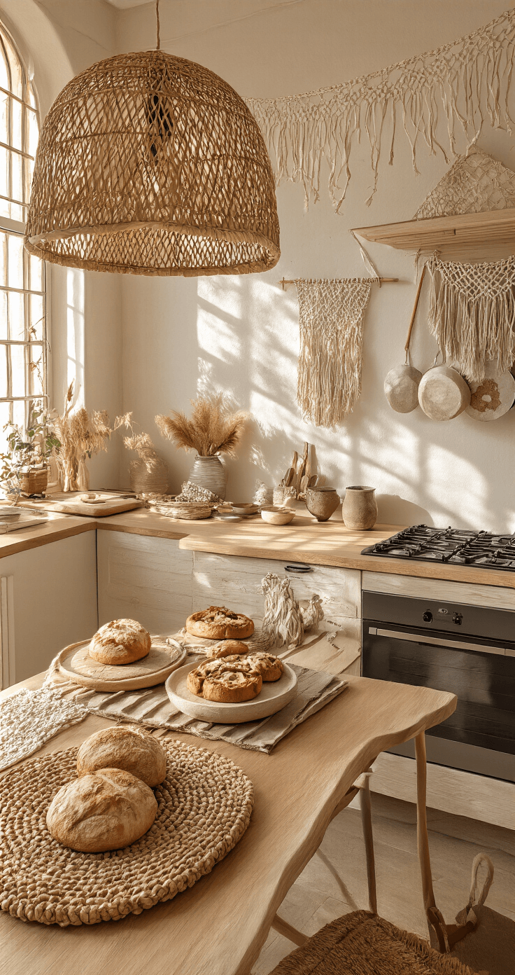 Moderne boho-chic keuken met natuurlijke materialen, ochtendzon door rieten lampen, herfsttaartjes op keramische borden, gedroogde grassen en macramé wanddecoratie in warme aardetinten, frontaal gefotografeerd met dramatische schaduwwerking.