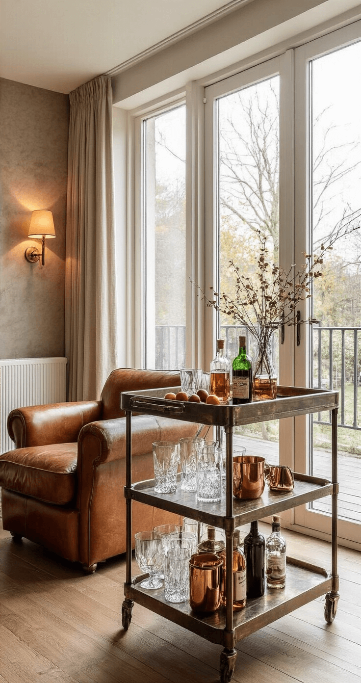 Een intieme cocktailhoek in een modern-rustieke woonkamer met warme amber verlichting, een vintage trolleybar van messing en donker hout, kristallen glazen, verse tijmtakjes en pruimen. Naast een cognackleurige leren fauteuil op een houten vloer met een perzisch tapijt, vastgelegd vanuit een ooghoogte bij een 45-graden hoek.