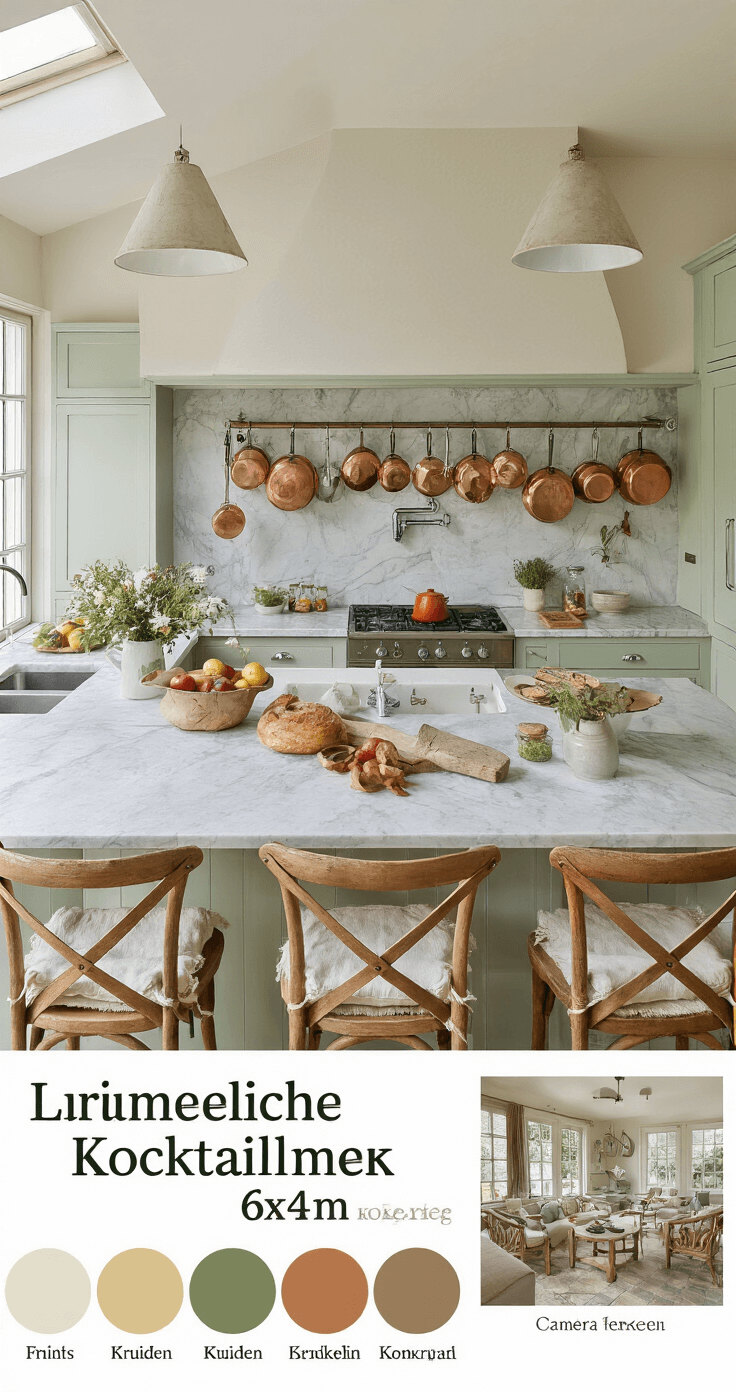 Landelijke keuken met een cocktailstation, voorzien van een marmeren werkblad met georganiseerde mise-en-place. Zicht van bovenaf toont vers fruit, kruiden in vintage glazen potten en een honingpot met houten dipper. Crème-kleurige keukenkastjes en een koperen hangende pannenrek vormen de achtergrond, terwijl rustieke houten barkrukken met linnen kussens het geheel afmaken. Ochtendzon schijnt door het erkerraam, met een kleurenpalet van crème, honing en sage-groen.