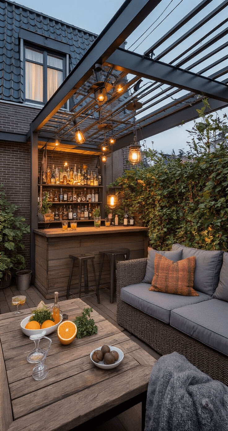 Gezellige terrasscène bij schemering met een overdekt terras, industriële lichtsnoeren, flakkerende lantaarns en een robuuste houten bartafel voor een gin-proeverij. Diverse glazen met garneringen, citrusfruit en kastanjes staan klaar. Een grijze loungebank met warme plaids vult de ruimte.