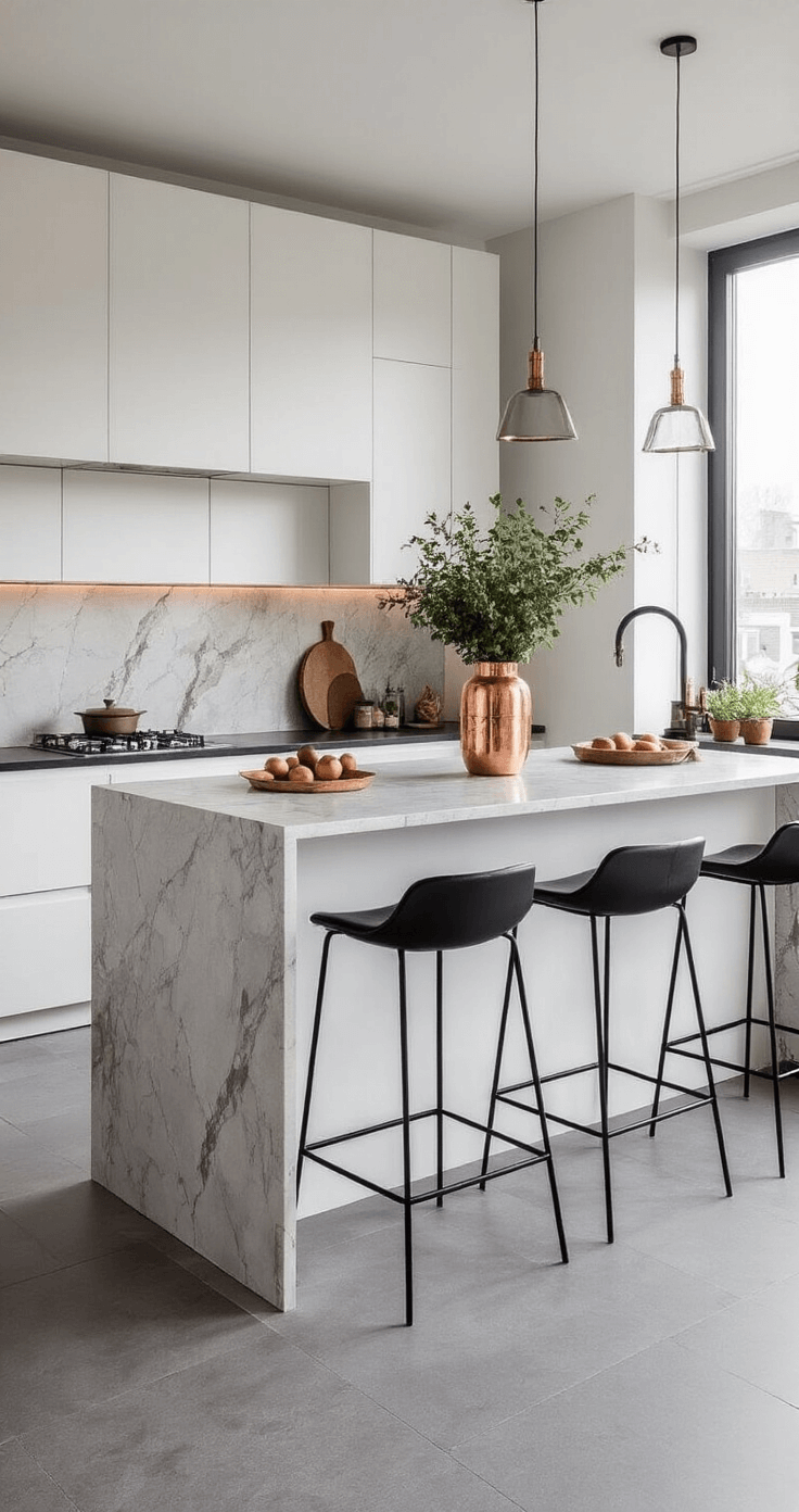 Moderne appartementkeuken met een zwart keukeneiland van marmer en een professionele cocktailstation, verlicht door middaglicht dat door vloer-tot-plafond ramen valt. Verse peren, rozemarijn en kaneel in koperen containers, minimalistische barkrukken rondom het eiland.
