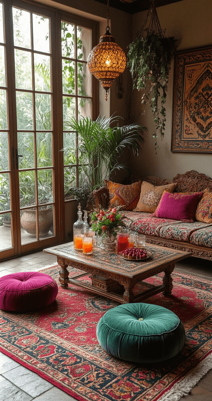 Bohemian loungehoek van 4x4m met vide, verlicht door gouden namiddaglicht. Een lage vintage cocktailtafel staat op een Marokkaans tapijt, naast een mocktail station met kristallen karaffen en verse cranberries. Fluwelen poefs in juweeltinten completeren de sfeer, gefotografeerd vanuit een drie-kwart bovenaanzicht.