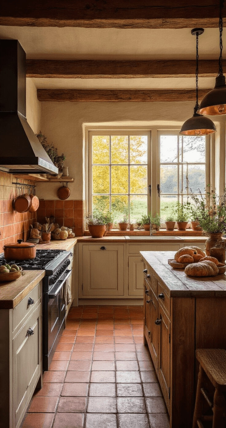 Gezellige landelijke keuken met crème tegelvloer en houten balken, robuust houten eiland met pompoenbrood, koperen pannen en verse kruiden in terracotta potten. Ochtendlicht stroomt door grote ramen, warme herfsttinten creëren een huiselijke en rustieke sfeer.