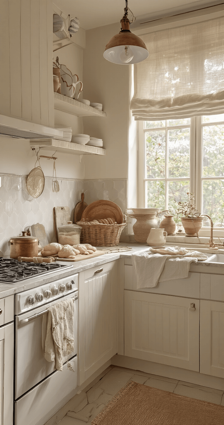 Intieme bakhoek in een moderne keuken met marmeren werkblad, zacht middaglicht door linnen gordijnen, deeg voor pompoenrolls in een rieten mand, koperen weegschaal en vintage deeghaak, kleurenpalet van warm wit, zandtinten en koperaccenten.
