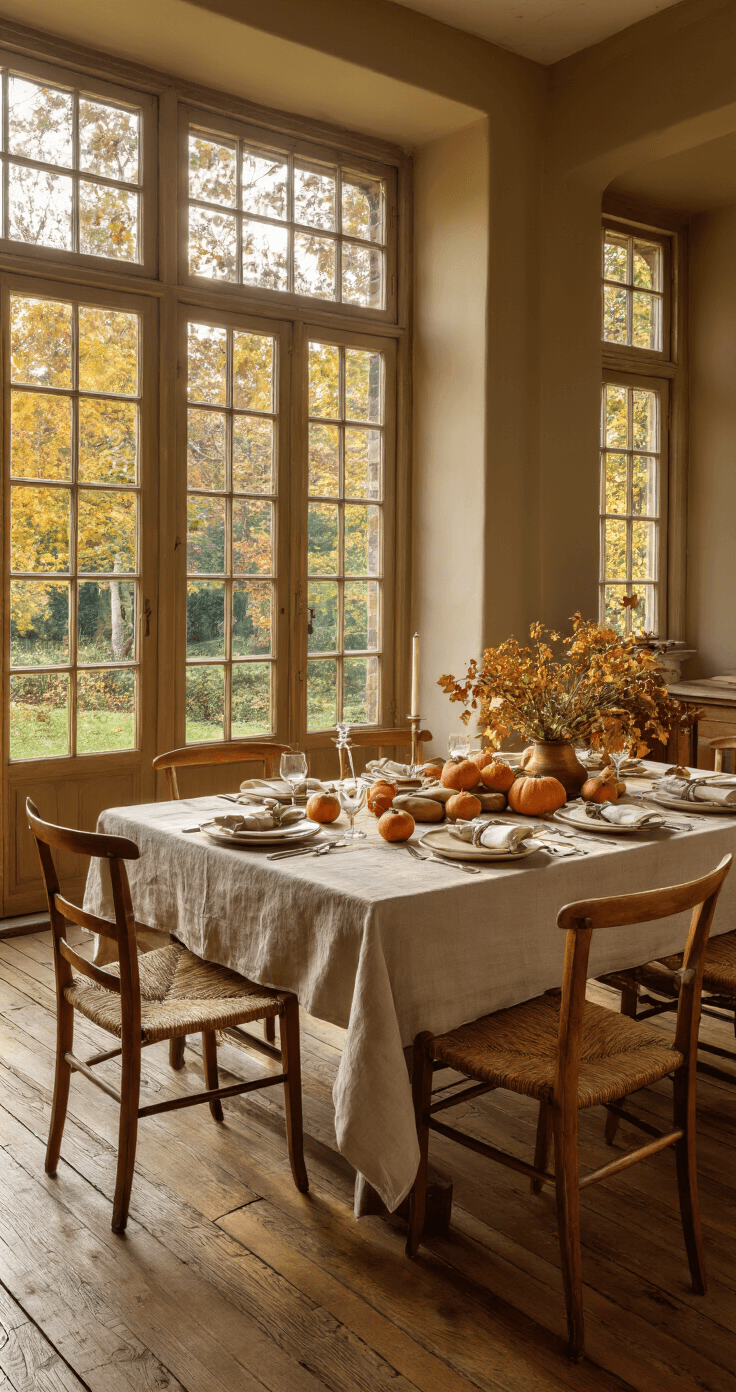 Landelijke eetkamer met authentieke houten vloer, massieve eiken tafel gedekt met linnen, verse pompoenrolls, kleine pompoenen en herfstbladeren als decoratie in warme tinten van bruin, terracotta en mosgroen, verlicht door gouden namiddaglicht.