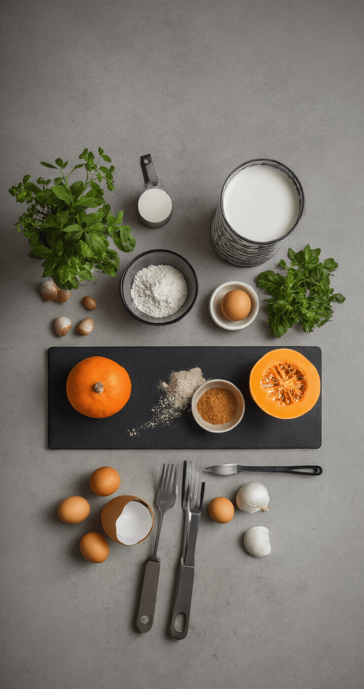 Moderne studio-keuken van 4x4 meter met betonlook aanrecht, diffuus daglicht door melkglas, minimalistische opstelling van bakgerei en ingrediënten op matzwart werkblad, verse pompoen in verschillende stadia van bereiding, kleuraccenten in oranje, zwart en grijs, camera vanuit bovenaanzicht, strakke en professionele sfeer.