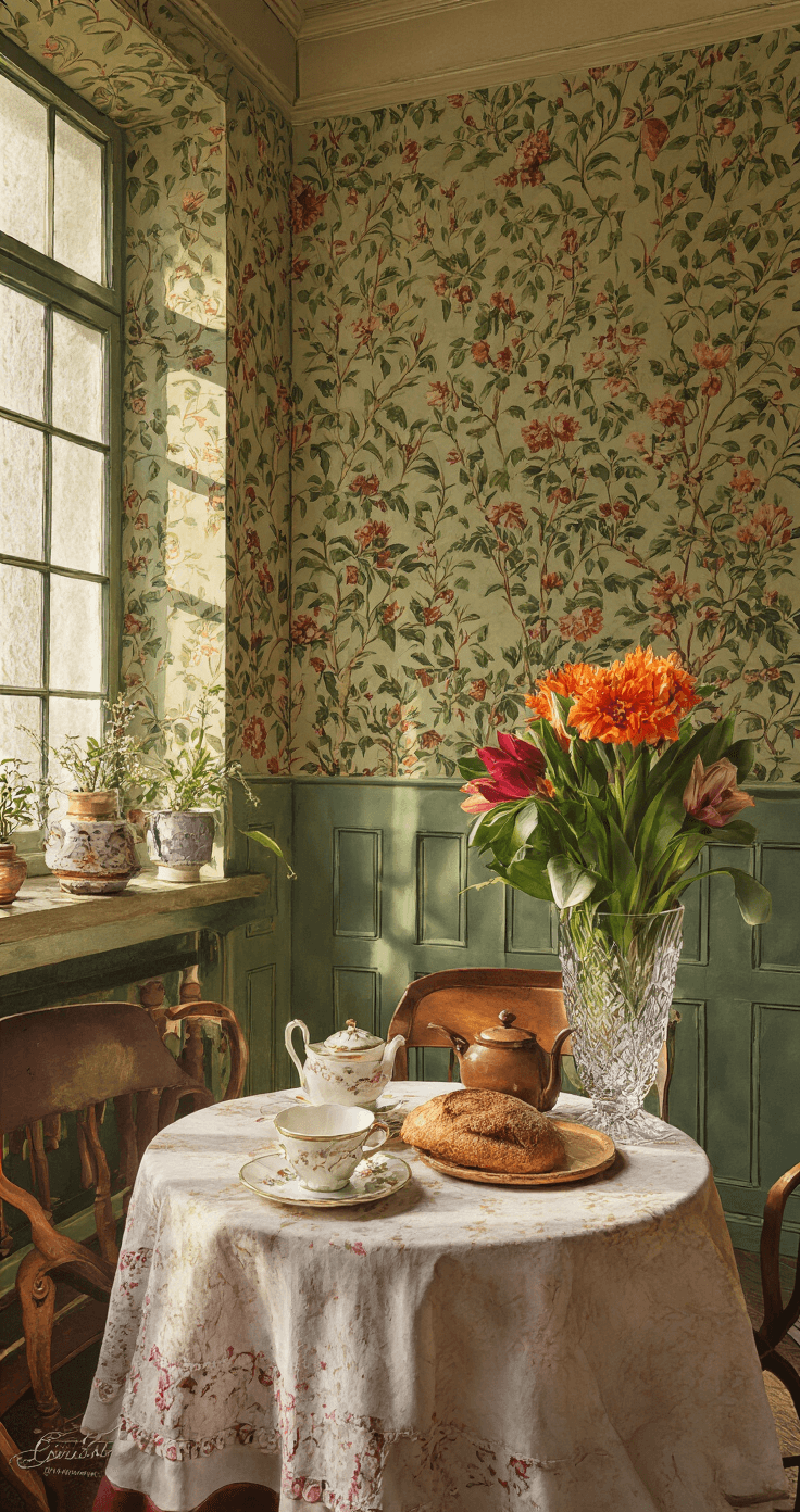 Een vintage theekamer van 3x4 meter met botanisch behang, waar de late middagzon lange schaduwen werpt. Aan de gedekte theetafel met een kanten kleed staat versgebakken brood naast een antieke theepot, en een kristallen vaas bevat herfstbloemen. De kleuren zijn diep bordeaux, jadegroen en goud, wat bijdraagt aan de nostalgische en romantische sfeer.