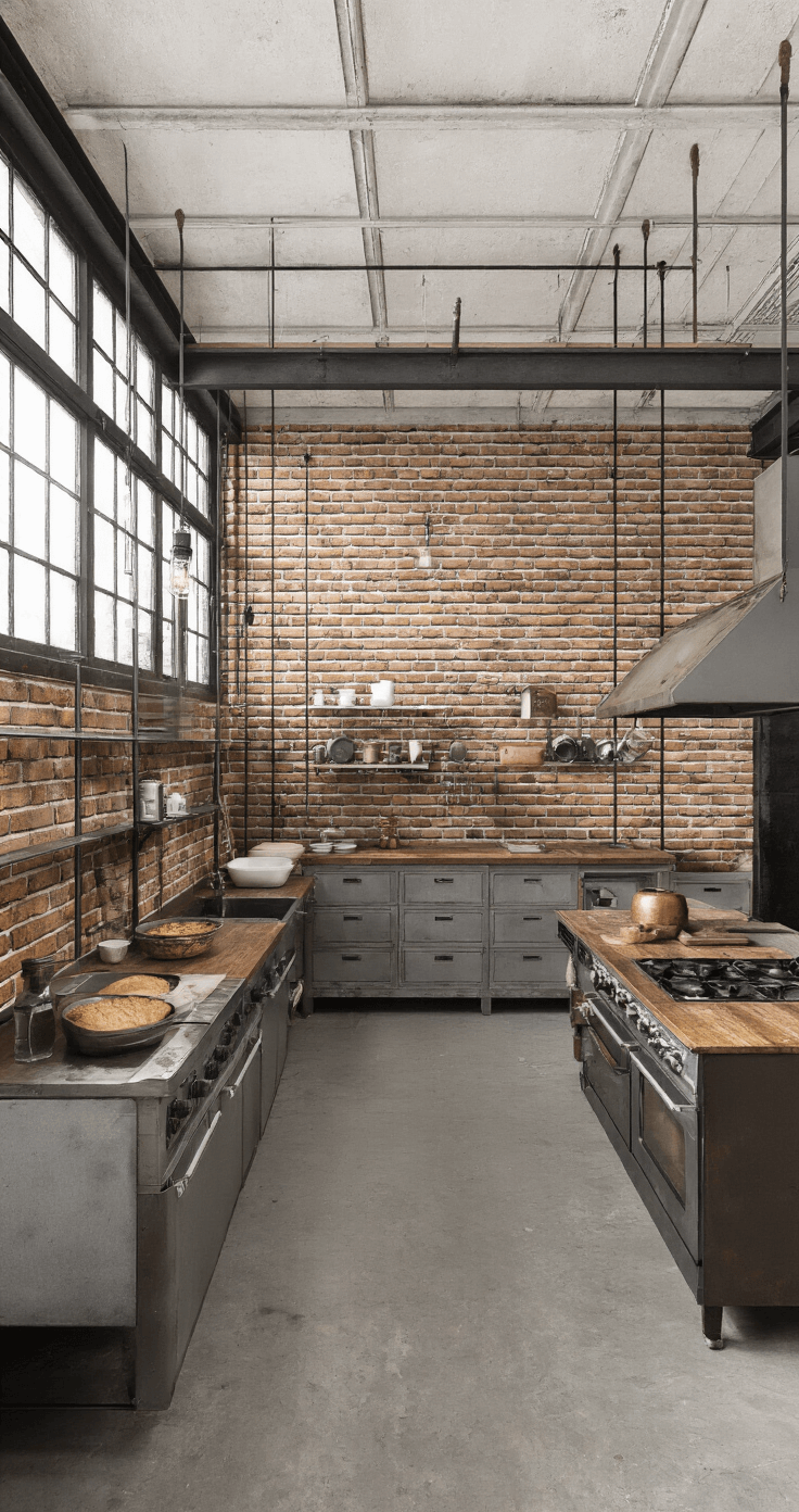 Industriële loftkeuken van 7x5 meter met een bakstenen muur, strijklicht door hoge ramen, lange werkbank met diverse broden in verschillende bakstadia, metalen rekken met specerijen en bakbenodigdheden, kleurenschema van roest, grijs en diep bruin, vastgelegd vanuit een lage dramatische hoek.