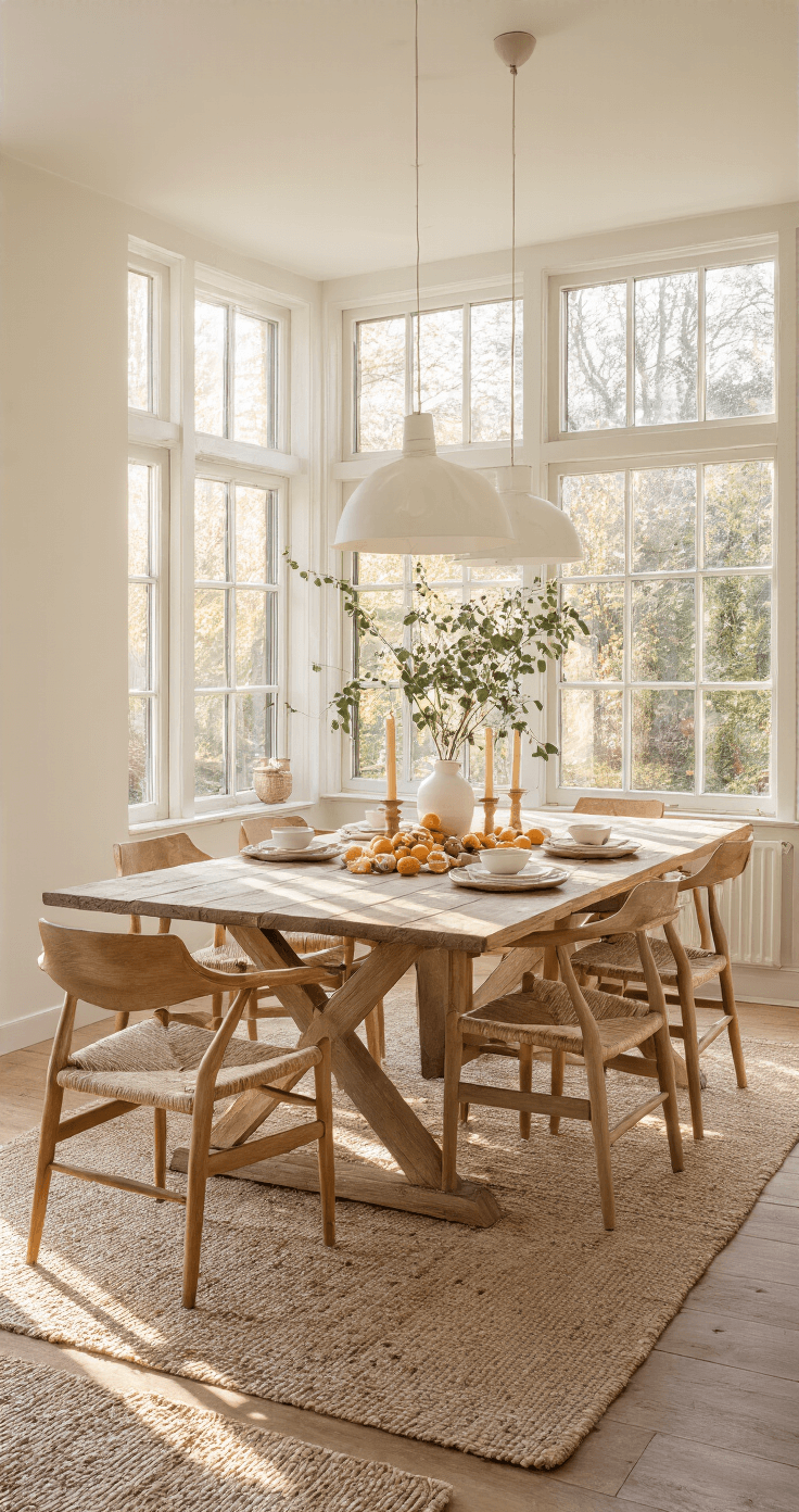 Ruime eetkamer met grote ramen tijdens golden hour, centrale eiken eettafel met neutrale linnen tafelloper, organisch middenstuk van dennen takken en eucalyptus, omringd door handgemaakte kaarsen, gedroogde sinaasappelschijfjes en dennenappels in natuurlijk patroon, warm zonlicht valt schuin door de ramen, lage camerastandpunt met 35mm lens en zachte bokeh, kleuren in warm hout, sage groen, amber en roomwit.