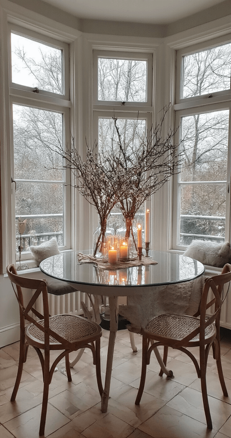 Intieme hoekopstelling met ronde glazen tafel, vintage linnen loper, hoge kristallen vazen met winterse takken en koperen waxinelichthouders. LED-kaarsen stralen een warme gloed uit tegen de donkere winterlucht, met sfeervolle verlichting weerspiegeld in de ramen. Geurige kleuren van diep marineblauw, koper, winterwit en donker groen.