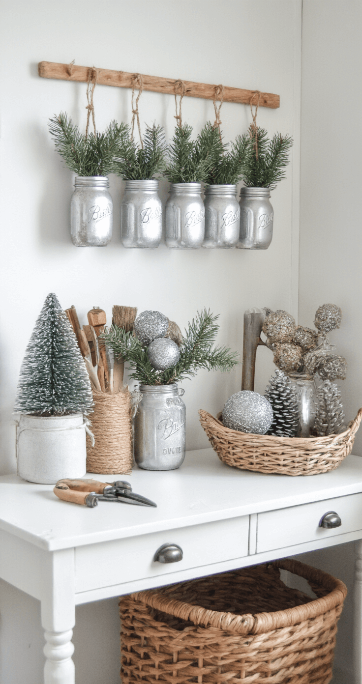 Een kleine studeerkamer met een budgetvriendelijke DIY werkruimte, verlicht door natuurlijk noorderlicht. Het witte bureau is decoratief ingericht met zelfgemaakte ornamenten van tuintakjes en gerecyclede materialen, evenals mason jars met zilver gespoten dennenappels en vintage knutselgereedschap. De close-up opname benadrukt handgemaakte texturen en een creatieve, chaotische sfeer tegen een achtergrond van witte muren die het licht maximaliseren.