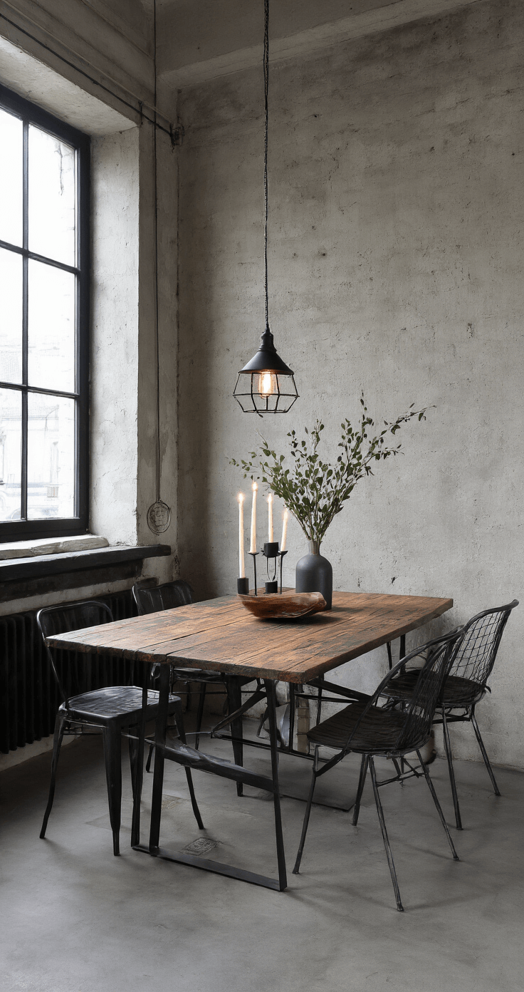 Moderne loft-stijl eetkamer met industriële elementen, ochtendlicht op een zwarte metalen tafel met rustiek houten blad, minimalistische decoratie van geometrische vazen en eucalyptustakken op een betonnen muur achtergrond.