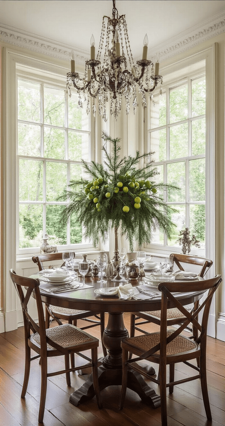 Klassieke eetkamer met mahonie eettafel en kroonluchter, verlicht door middaglicht. Symmetrische opstelling van zilverkleurige kandelaars en kristallen schalen met dennenappels, omlijst door weelderige dennentakken en spiegels die lichtreflecties versterken.