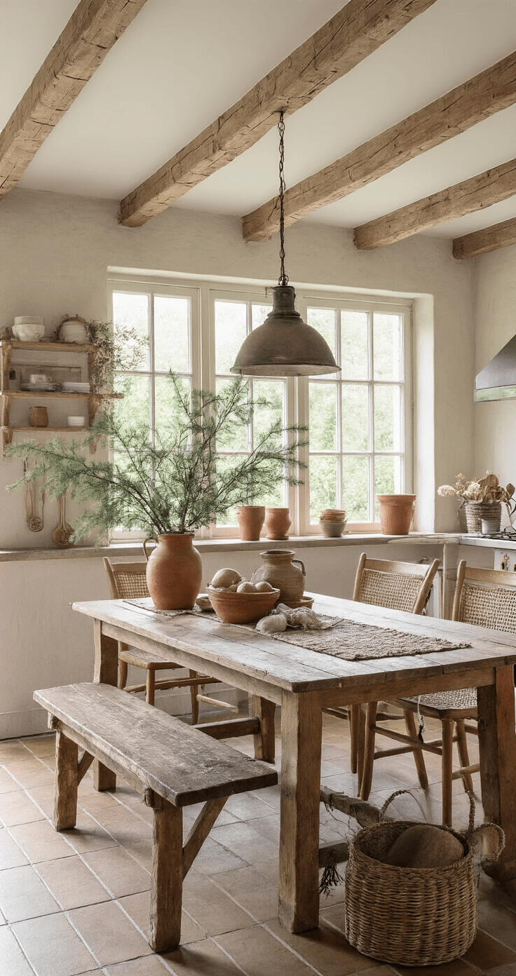 Landelijke keuken-eetkamer met een robuuste boerentafel, handgeweven loper, rustieke manden met dennentakken, terracotta potten met gedroogde bloemen en handgemaakte kaarsen in vintage glazen. Verweerd hout, terracotta, naturel linnen en dennegroen kleurenpalet.