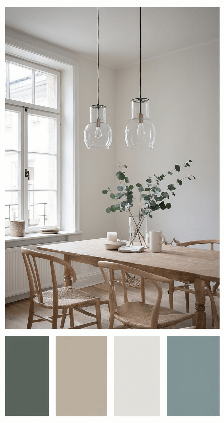 Een Scandinavische eetkamer met witte muren en ochtendlicht, featuring een licht eiken tafel met minimalistisch wit tafellinnen, glazen cilinders met witte kaarsen en eucalyptustakken, en keramische schalen met natuurlijke elementen.