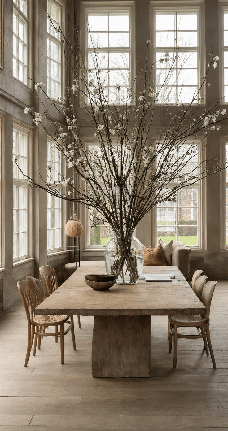 Een lichte woonkamer met hoge ramen, een robuuste houten eettafel in het midden met een winterarrangement van amaryllissen, eucalyptus en dennentakken in een glazen vaas. De warme houten vloer reflecteert het zachte licht en creëert een serene sfeer.