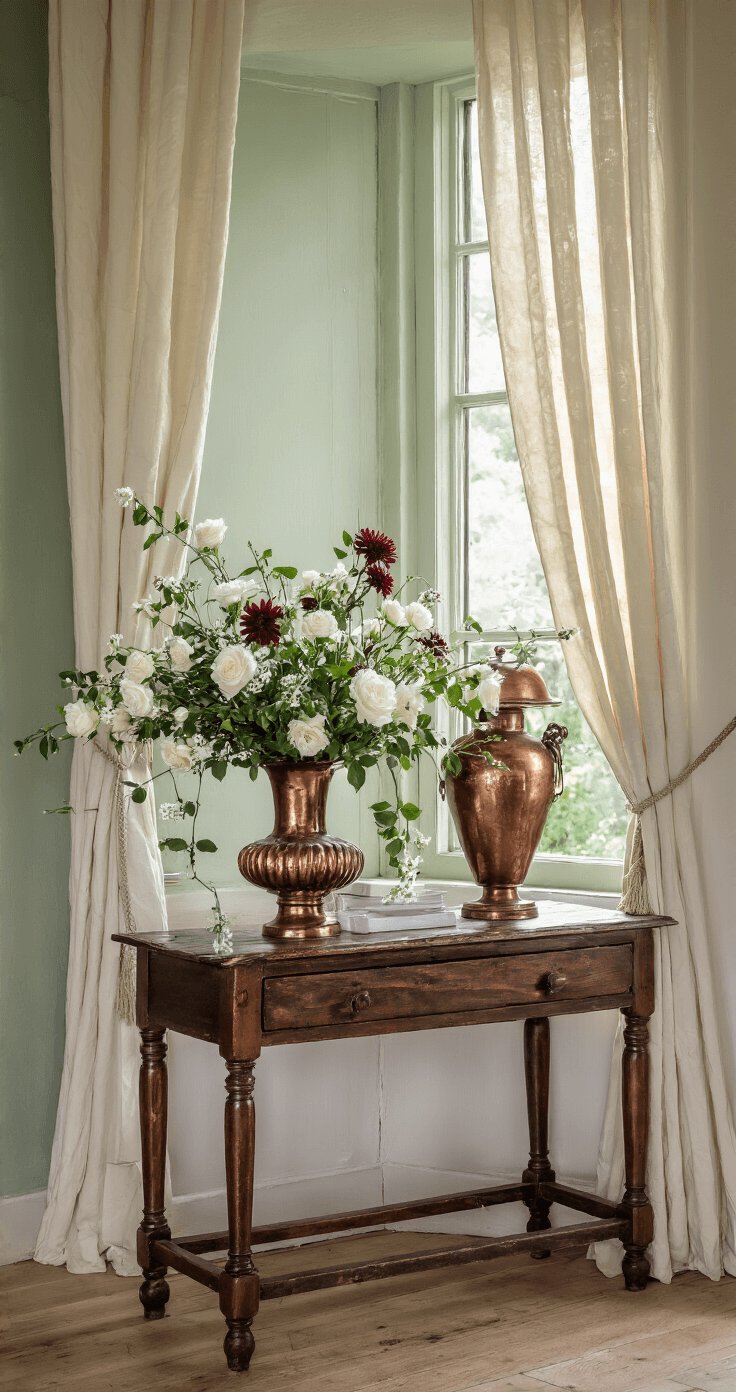Intieme woonkamer met erker, antieke sidetable met vintage koperen vaas gevuld met bloemen, zachte bokeh-achtergrond en dramatisch zijlicht.