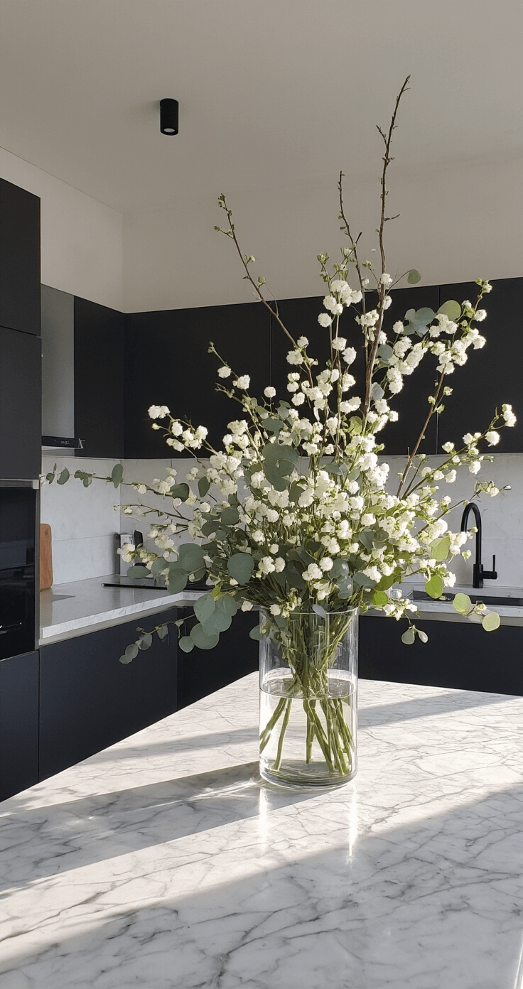 Moderne open keuken met marmeren werkblad, minimalistisch winterarrangement met witte ranonkels en eucalyptustakken in een glazen cilinder, matzwarte keukenkastjes, subtiele ochtendzon en bird's eye view compositie.